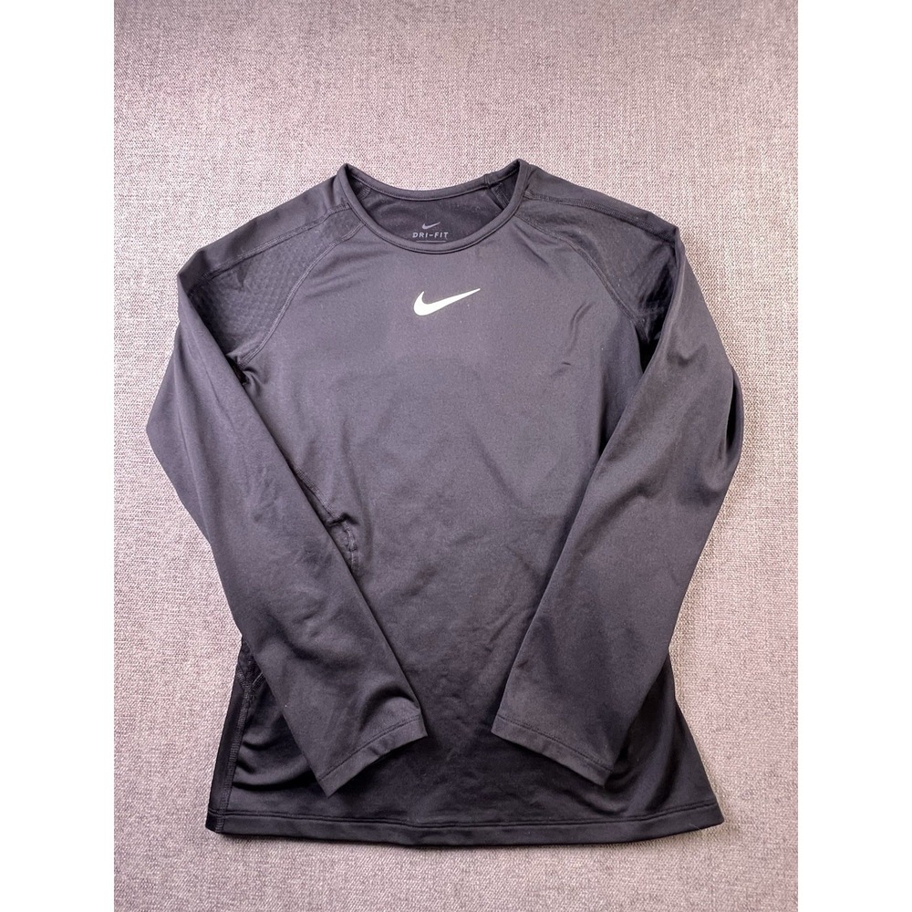 Nike Dri Fit Compression Shirt Girls L‎ Black Center Hit Logo Swoosh Wicking